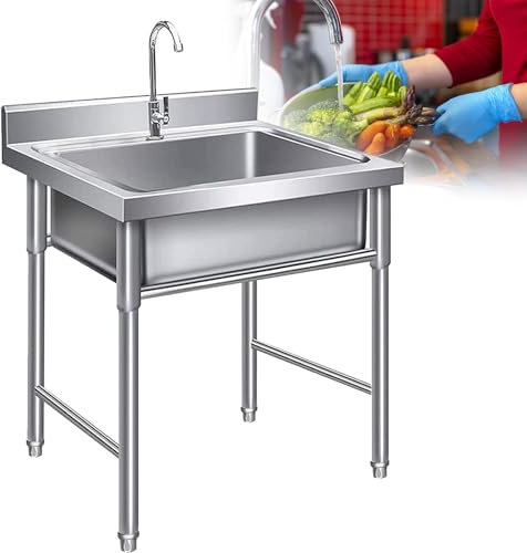 Outdoor Stainless Steel Square Sink，Single Bowl Commercial Kitchen Sink Catering Sink Unit with Drainer Unit and Tap for Bar Garage Restaurant Camping