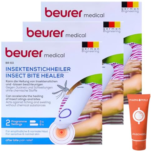 Insektenstichheiler Beurer BR 60 I Stichheiler I Hitzestift I Mückenstich I Anti-Mücken I Juckreiz und Schwellung I Behandlung Insektenbisse I ohne Chemie I Spar-Set plus Pharma Perle give-away (3x)