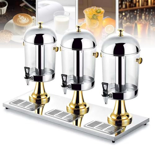 24L Stainless Steel Cold and Hot Juice Dispenser with Clear Glass Commercial Beverage Dispenser for Breakfast Buffet Bars and Hotels Three Head Juicer Dispenser Gold Color