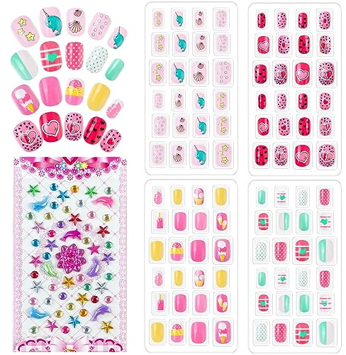 VZXQX Faux Ongles Court pour Enfants, 96 Pièces Appuyez sur Faux Ongles Enfant Fille avec Autocollants Strass, Pré-collé Artificiels Ongle pour Ado Filles de Décoration d’Art d’Ongle