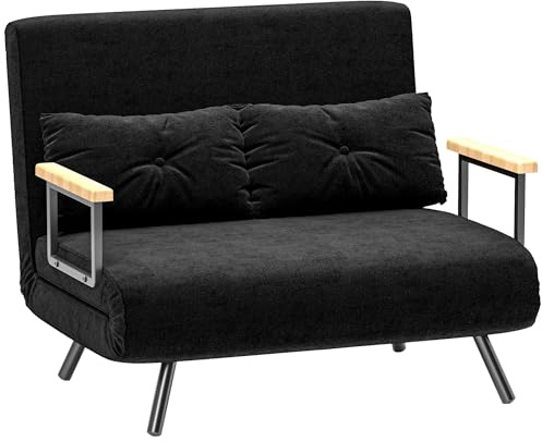 HOMCOM 4 in 1 Divano Letto 2 Posti, con Schienale Regolabile in 5 Posizioni, Divano Letto Matrimoniale Pieghevole con 2 Cuscini, Seduta Imbottita, in Velluto per Casa e Ufficio, 102x73x81 cm, Nero