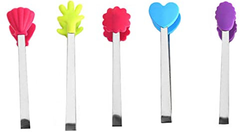 Tontas de comida a mano Pintas de acero inoxidable Pintas de silicona mini coloridas pinzas para niños para servir alimentos cubos de hielo frutas de azúcar barbacoa 5pcs