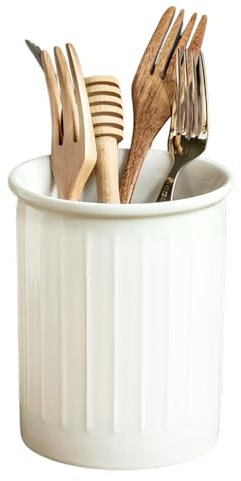 Anseom White Ceramic Utensil Holder for Kitchen Countertop, Farmhouse Decor, H13.4 x D10.8 cm