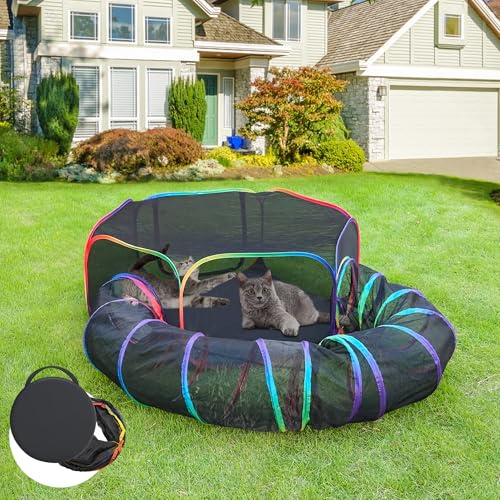PLITTPETTS Outdoor Cat Enclosure, 2-in-1 Pop-up Portable Catio Playground | Foldable Cat Playpen with Tent & Tunnel, Breathable Mesh, Waterproof Bottom, Carry Bag, Outside and Indoor Use for Small Pets