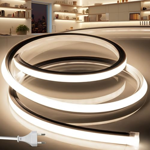 BRIMETI Striscia LED Neon 15M 220V Tubo LED Silicone Flessibile Esterno Impermeabile IP65 Nastri Luminosa 120 LED/M Corda Stringa Lampada, con Alimentatore di rete e Interruttore (Bianco Naturale)