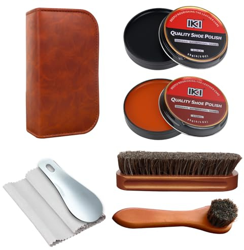 IKI Shoe Polish & Shine Kit - 7 PCS Leather Boot Care Kit with Black & Brown Shoe Polish, 2 Horsehair Shoe Brush, Suede Cloth, Shoe Horn and Storage Bag, Boot Polish Kit for Men & Women