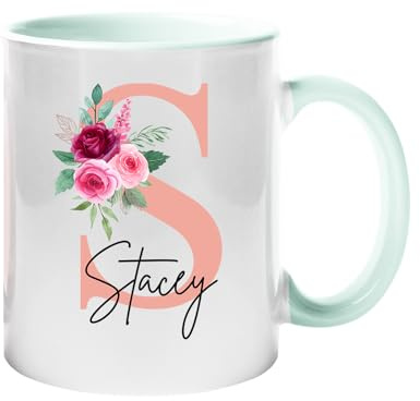 Excudo Trade LTD Custom Initial Name Color Mug Personalised Floral Coffee Tea Cup Ceramic Gift for Her Him Unique Present for Birthday Christmas Valentines Day Anniversary Mothers Day - Lime