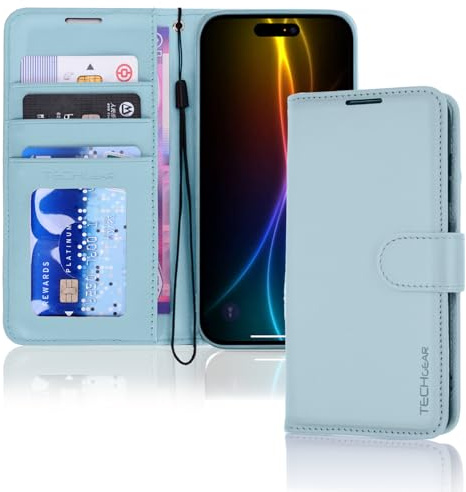 TECHGEAR Étui portefeuille en cuir synthétique pour iPhone 17 avec blocage RFID, porte-cartes et espèces, béquille, dragonne, fermeture magnétique, bleu clair pour iPhone 17 (16 cm)