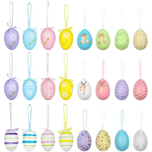THQAE 24 Pcs decorazioni pasquali Uova Pasquali da Appendere, Ovetti Pasquali Decorativi con Nastri, Punti e Strisce, Uova Decorative Pasquali per Decorazione del Cespuglio di Pasqua, Caccia di Pasqua