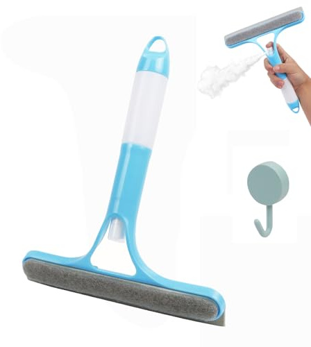 Shower Screen Wiper with Spray, 3 in 1 Window Glass Screen Cleaner Brush, Window Cleaning Kit, for Bathroom, Mirror and Car Glass (blue)