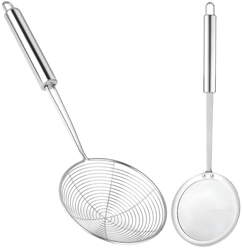 deegbbyi 2 Piezas Espumaderas de Acero Inoxidable, Mango Largo Colgable | Espumadera de Malla Fina, Espumadera de Araña, para Cocinar en la Cocina, Asar, Cocer al Vapor y Recoger Alimentos