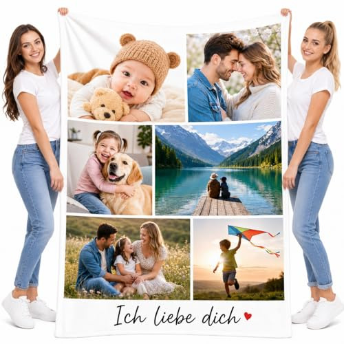 Personalisierte Decke mit 6 Fotos und Text, Kuschelige 300GSM Flanelldecke | Individuell Bedruckte Fotodecke, Persönliches Geschenk für Geburtstag, Jahrestag und Weihnachten, Lieferung aus Deutschland