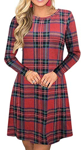 MIROL Damen-Tunika-Kleid mit langen Ärmeln, kariert, Farbblock, lässig, schwingend, lockere Passform