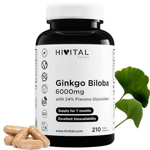 Ginkgo Biloba 6000 mg. 210 cápsulas veganas para 7 meses de tratamiento. El mejor Extracto Natural concentrado 50:1 con 24% Flavonoides y 6% Terpenos. Fabricado en España por HIVITAL