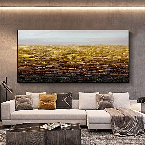 Acrylbilder Auf Leinwand Handgemalt,Funkelnde Skyline Meer Spachtel Goldfolie Textur Große Ölgemälde Kunst Moderne Abstrakte Kunstwerke Leinwand Wandkunst Gemälde Wohnzimmer Schlafzimmer Wohnkul