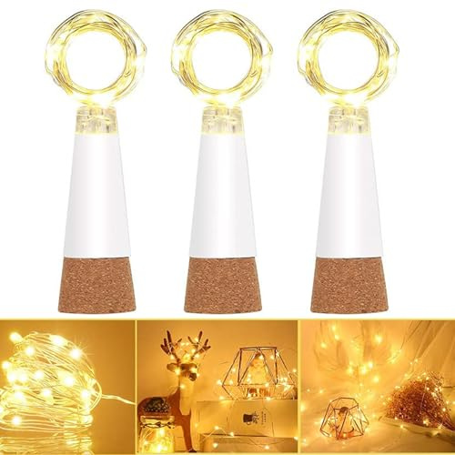 Dumcuw USB wiederaufladbare Flaschenlichter mit Korken, 15 LED Warmweiß Kupfer Lichterkette, wasserdicht – Party, Hochzeit & DIY Deko(Warm weiß, 3er-Pack)