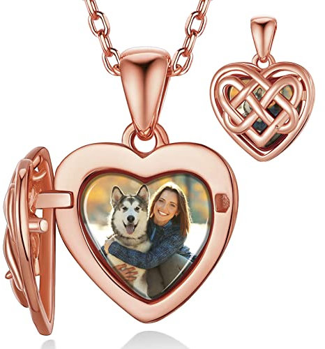 Custom4U Individuelle Keltischer Knoten Bilder Medaillon Amulett zum Öffnen mit Fotogravur und Wunsch-Motiven Silber Liebe Herz Foto-Anhänger in Rosegold mit 56cm Kette für Mutter Schwester Tochter