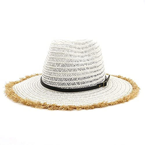 QBQZXAOSOWH Fedora Trilby Papierstroh Jazz Cap Hut Flache Krempe Panama Stil Strand Sonnenhüte Unisex Damen Sonnenschirm Cap Gürtelschnalle Cowboyhut 56To58Cm Weiß
