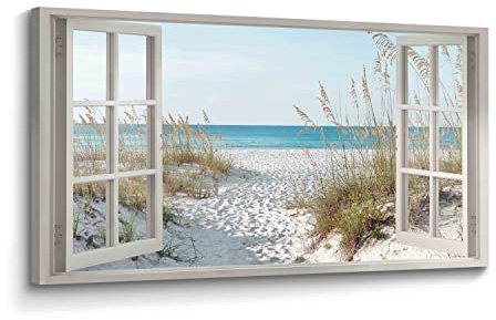 Beach Window Wall Art Canvas: Relaxing Bedroom Living Room Blue Ocean Coastal Scene Picture Modern Tropical Sea Landscape Painting Print Decor Horizontal Summer Seascape Artwork for Home