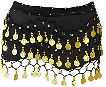SamHeng Damen Bauchtanz Gürtel Chiffon Hüfttuch, Bauchtanz Münztuch Bauchtanz Münzgürtel Tanztuch Bauchtanz Kostüm mit 128 Münzen für Mädchen Frau für Performance Kostüm Bauchtanz Yoga Kurs