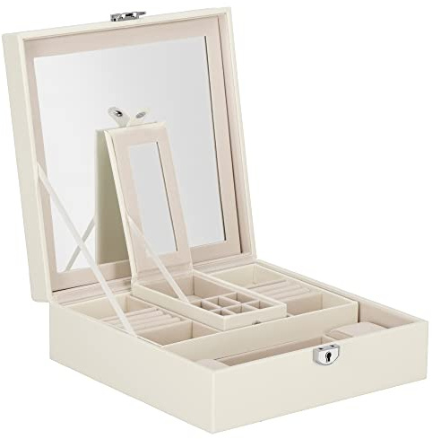 SPRINGOS Boîte à bijoux avec miroir - 25 x 25 x 8,5 cm - En cuir synthétique gaufré - Petit étui