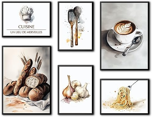 MJ-Graphics - Poster Set Delicious Coffee & Bread für Küche & Esszimmer 6 Wandbilder in 2 Din A3 & 4 Din A4 Wanddeko Bilder Küche ohne Bilderrahmen