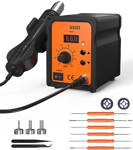 FAOKZE 700W Heißluft Lötstation,858D Lötstation Entlötstation Rework Station mit 3 Heißluftföhn Mundstücke,LED Digital Temperatur-Anzeige 100~480°C, mit 2 Rollen Zinndraht geliefert und 2 Pinzetten.