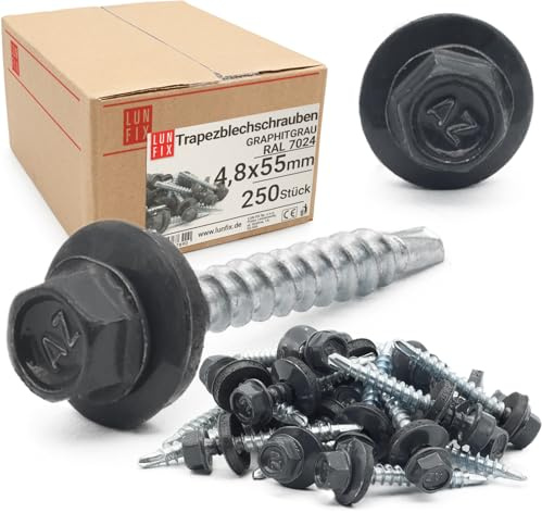 250x Vis autoforeuse metal 4,8x55 mm, RAL 7024 gris graphite, vis bac acier | vis autoperforante avec rondelles metal, vis à bois, tirefond, Lun Fix