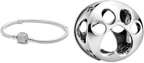 Pandora Damen-Armband Pavé-Kugelverschluss 925 Silber Zirkonia weiß 20 cm - 590723CZ-20 & Offen gearbeiteter Hundepfotenabdruck Charm Sterling-Silber 9 x 11,5 x 11,5 mm (T/H/B)