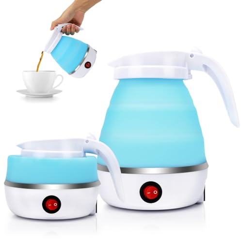 Hervidor de Agua Portátil para Camping 600ML, EUBSWA Hervidor de agua plegable, mini hervidor eléctrico de silicona para camping, viajes, exteriores (Azul)