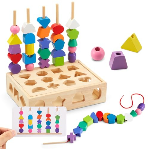 ZGIMI Montessori Spielzeug ab 3 4 5 Jahre Motorikspielzeug Fädelspiel Bausteine Sortierspiel für Kinder, Holz StapelspielFeinmotorik Lernspiele Geschenk für Baby Junge Mädchen