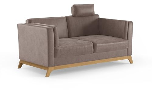 Cavadore 2,5er-Sofa Vida / 2,5-Sitzer Couch im trendigen Design mit massivem Holzrahmen in Eiche, Kopfstütze mit Kuschelkissen / 183 x 84 x 93 / Mikrofaser, Hellbraun
