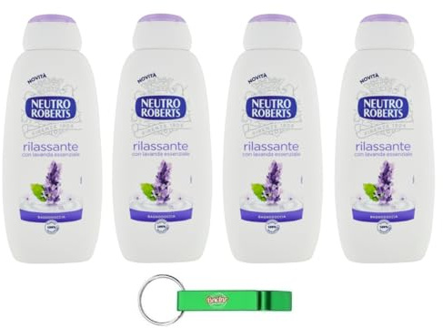 4 x Neutro Roberts Bagnodoccia Rilassante con Lavanda, gel doccia rilassante con lavanda 450 ml + portachiavi Beni Culinari