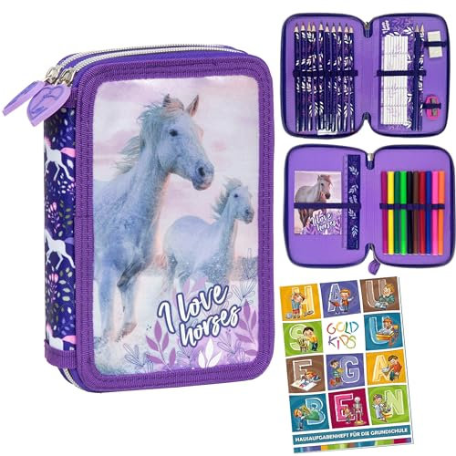 Goldkids - Federmäppchen 2 Fächer - Mäppchen für Mädchen und Jungen - Federmappe 2-Fach Federtasche Gefüllte Schüleretui 27-teilig - Schulmäppchen und Hausaufgabenheft - Einhorn Motiv