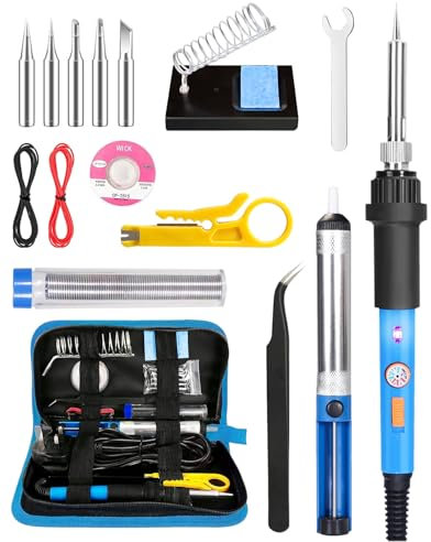 MOXTOYU 17-in-1 Electric Soldering Iron Kit, 60W Soldering Iron with Adjustable Temperature 220-480℃, ON/Off Switch, 5 Soldering Tips, Desoldering Pump, Wire Stripper, Tweezer, Stand, Tool Case