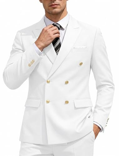 Coofandy Completo da Uomo in 2 Pezzi, Doppiopetto, Slim Fit, Giacca da Smoking e Pantaloni, Set per Matrimonio, Lavoro, Ballo di fine Anno, Bianco, 56