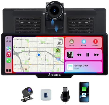ACAVICA 9,26 Drahtloses Tragbarer CarPlay Display für Apple CarPlay & Android Auto, 4K Dashcam, 1080P Rückfahrkamera, Touchscreen, Mirror Link, Bluetooth, Auto Bildschirm für SUV, LKW, 64GB TF Karte