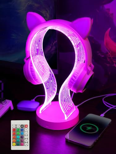 YuanDian Pink Headphone Stand, with 1 USB Charging Port and 1 Type-C Charging Ports, Desk Gaming Headset Holder, 16 Changing Colors with Remote, Gift for Gamers Girl and Music Lovers