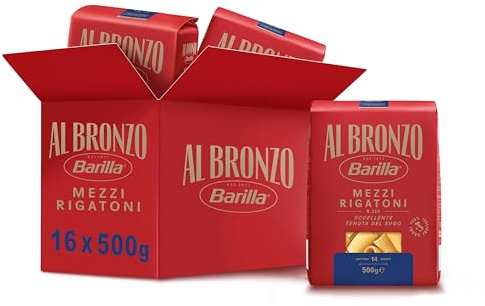 Barilla Pasta Al Bronzo Mezzi Rigatoni 100% Grano Italiano,16 Conf da 500 g | Pasta trafilata al bronzo con microincisioni, Formato grande e corposo, Eccellente tenuta del sugo
