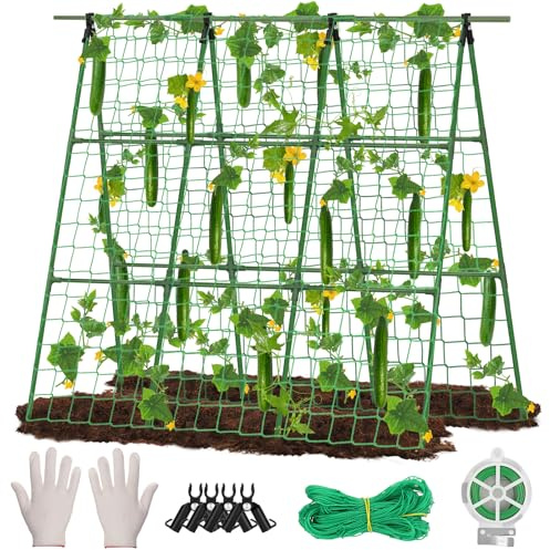 Homiton Gurken Rankgitter für Hochbeet, 121,9 cm x 121,9 cm A-Rahmen PE-beschichtetes Metall Rankgitter für Kletterpflanzen Outdoor, Garten Rankgitter für Gemüse mit Kletternetz und Pflanzenstützclip