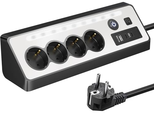 JACEPFY Steckdosenleiste Ecksteckdose 4-Fach mit USB und 2 Type-C, Schwarz | 8-IN-1 Ecksteckdosenleiste, Integriertes LED-Nachtlicht, Mit Schalter, 1,5M Kabel, für Küche Arbeitsplatte