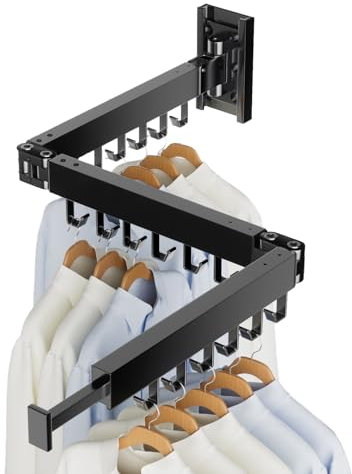 YUNISS Étendoir à Linge Mural, 129cm Sechoir à Linge Pliable avec 18 Crochets Étendoir Linge Pliable Intérieur et Extérieur Aluminium, pour Balcon, Salle de Bain, Hôtel, Buanderie, Chambre -Noir