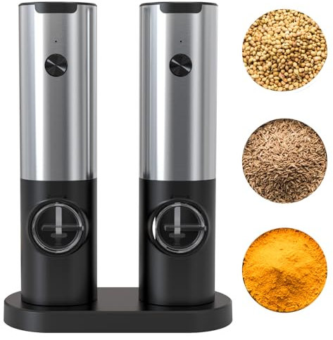 Saleros de Cocina, Juego de Molinillo Eléctrico de Sal y Pimienta a Pilas con Base, Molinillo Pimienta con Luz LED Blanca y Grosor Ajustable, Negro Molinillo Pimienta Electrico