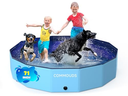 COMMOUDS Foldable Dog Pool, Collapsible Hard Plastic Dog Kiddie Swimming Pool, Portable Pet Bath Tub Wading Pools for Kids and Puppy Small Medium Large Dogs(71inch.D x 12inch.H)