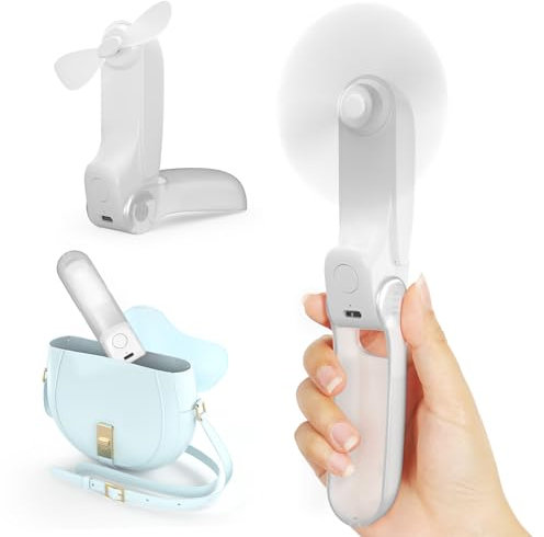 Koonie Mini ventilateur manuel 3 en 1, portable, avec 2 vitesses de vent et 8 heures, rechargeable par USB, avec batterie externe, pour voyage, bureau, extérieur, été blanc