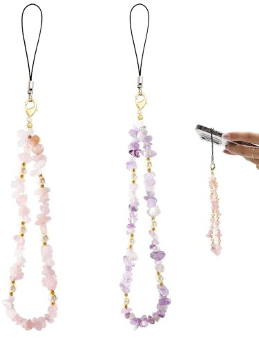 ZFRITP 2 Pièce Cordon Telephone Portable，Cristal Naturel Bracelet Telephone，Universelle Chaine de Telephone， Bijoux De Telephone，Dragonne Telephone Portable pour Femmes Filles(Rose+Violet)