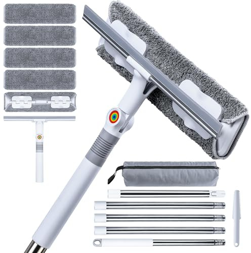 CTIME 80 Window Washing Kit with Extension Pole : Professional Window Cleaner Tool | Window Cleaning Squeegee Kit for High/Outdoor/Glass & Bathroom Surfaces with Storage Bag + 5 Microfiber Cloths
