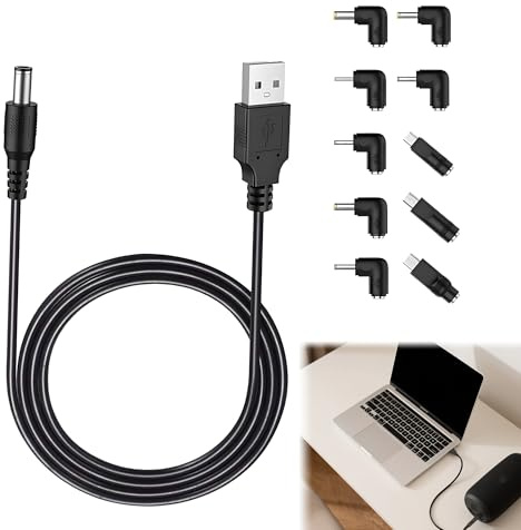 Noenaeni USB to 5V DC Power Cable, 1m Universal DC 5.5x2.1mm Barrel Jack Charging Cable with 10 Connector Tips (Type C, Micro USB, Mini USB, 5.5x2.5, 4.8x1.7, 4.0x1.35, 3.5x1.35, 3.0x1.1, 2.5x0.7mm)