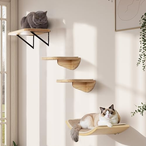 Katthyllor med klösmatta, kattväggmöbelset med 2 steg 1 fyrkantig plattform och 1 böjda plattformar, trä katt klättringsram set för att sova och leka