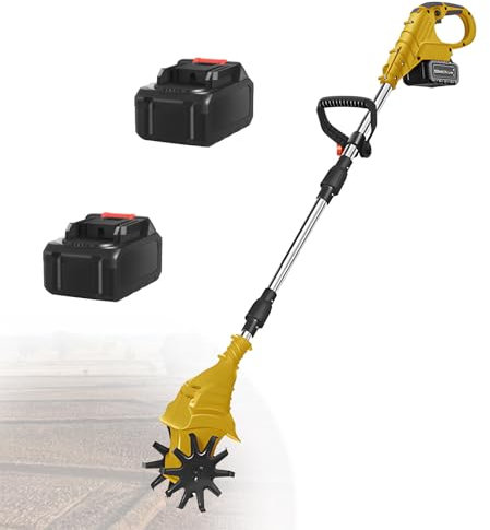 Cordless Electric Garden Tiller, 21V Cordless Tiller Cultivator with 4000mAh Battery, with 1 or 2 Batteries- Electric Double Blade/Four Blade Tiller,Yellow-DualBlades-2batteries